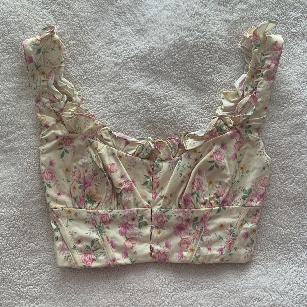 HOUSE OF CB Remy Lemon Yellpw Buttercup Vtg Floral Cottagecore Crop Corset Top